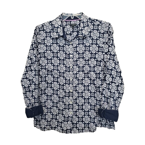 Talbots Tops - TALBOTS Petites Cotton Blue Medallion Print Flip-Cuff Button-Up Shirt Size LP